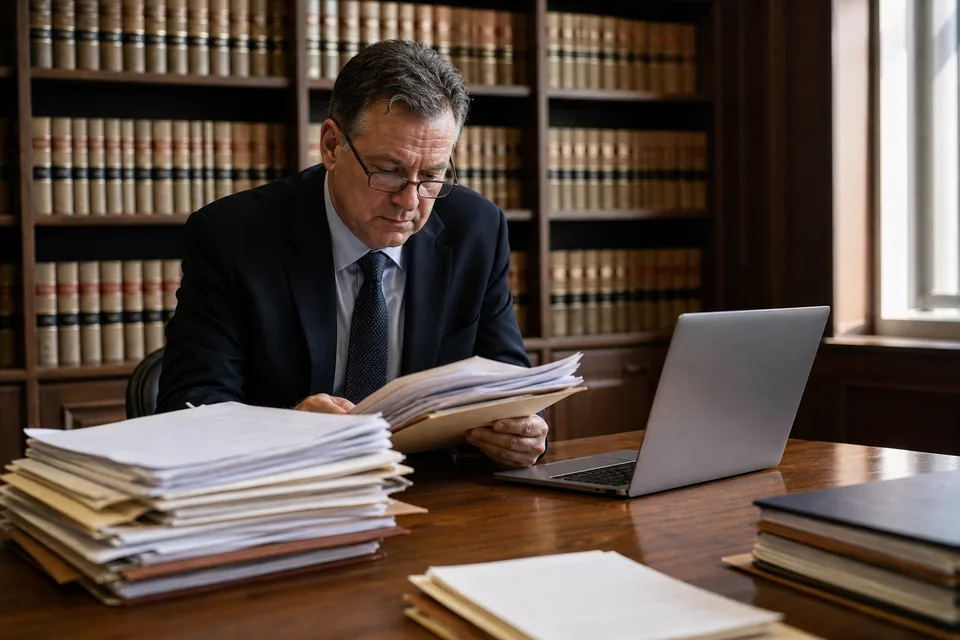 Radca prawny czyta grube akta sprawy przy stole w bibliotece kancelarii