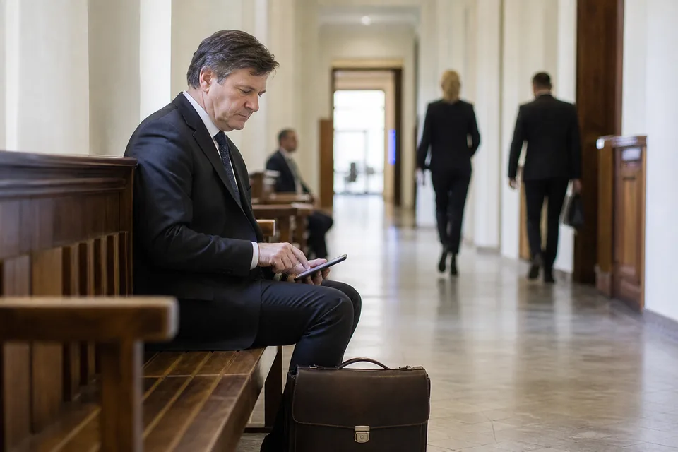 Prawnik na korytarzu sądu sprawdza na telefonie nowe zapytanie klienta